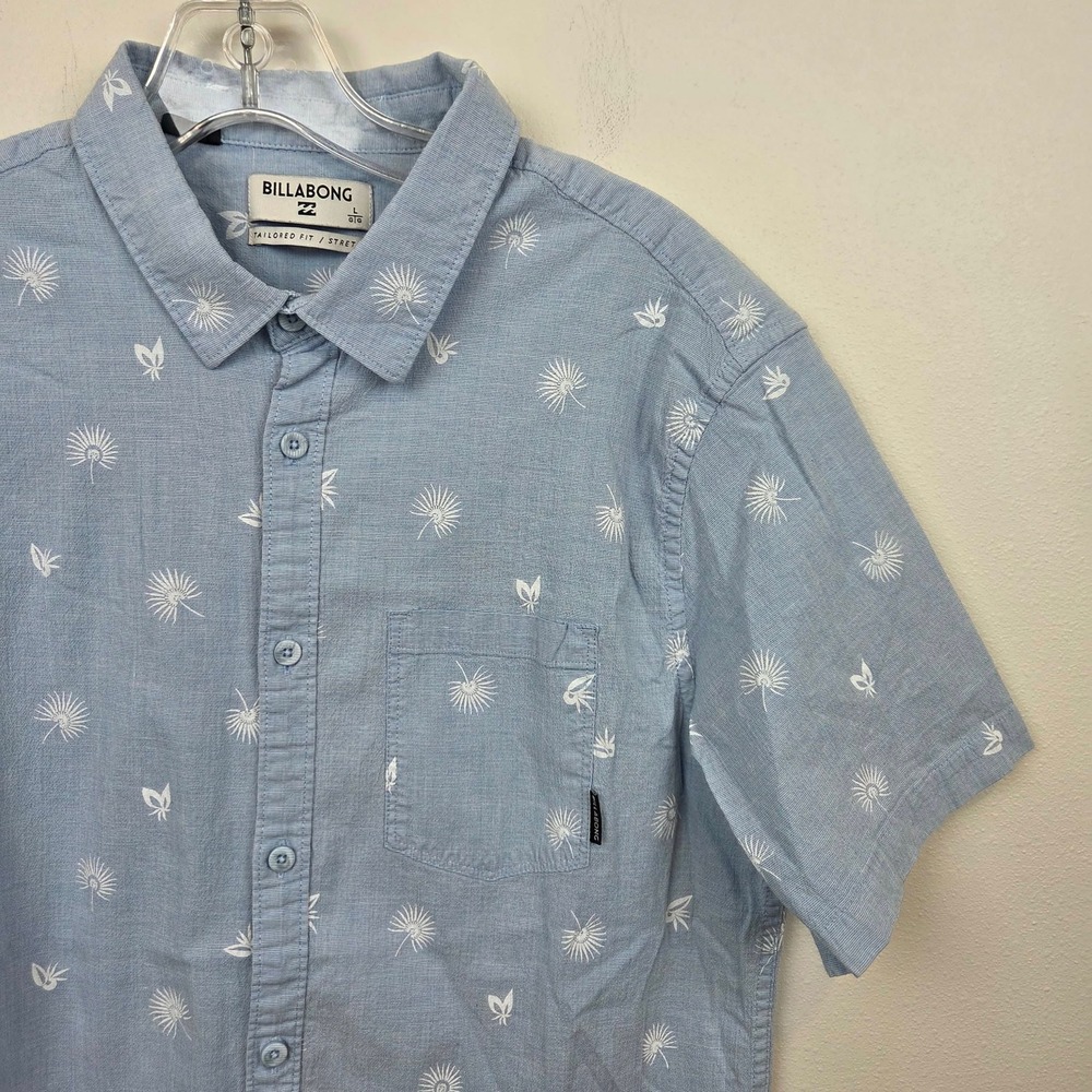 Billabong Mens Blue Floral Butterfly Tailored Fit Stretch Button Down Shirt L